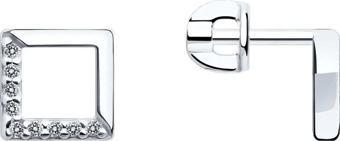 SOKOLOV 94023039 Cercei cu Puset pentru femei, Argint 925 Platinat cu Rodiu, Design Ramă Pătrată Deschisă cu Zirconiu Cubic Incolor, 0.153 ct, 1.74 g