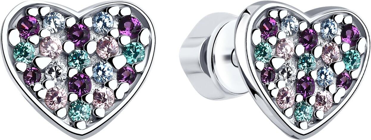Cercei pentru copii SOKOLOV 94026057 in forma de inima, argint 925 placat cu rodiu, cu zirconiu lilac, closure tip stud