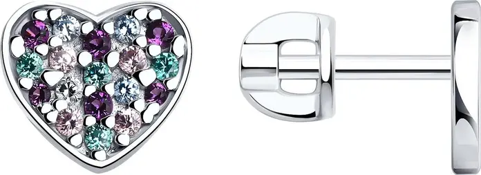Cercei pentru copii SOKOLOV 94026057 in forma de inima, argint 925 placat cu rodiu, cu zirconiu lilac, closure tip stud