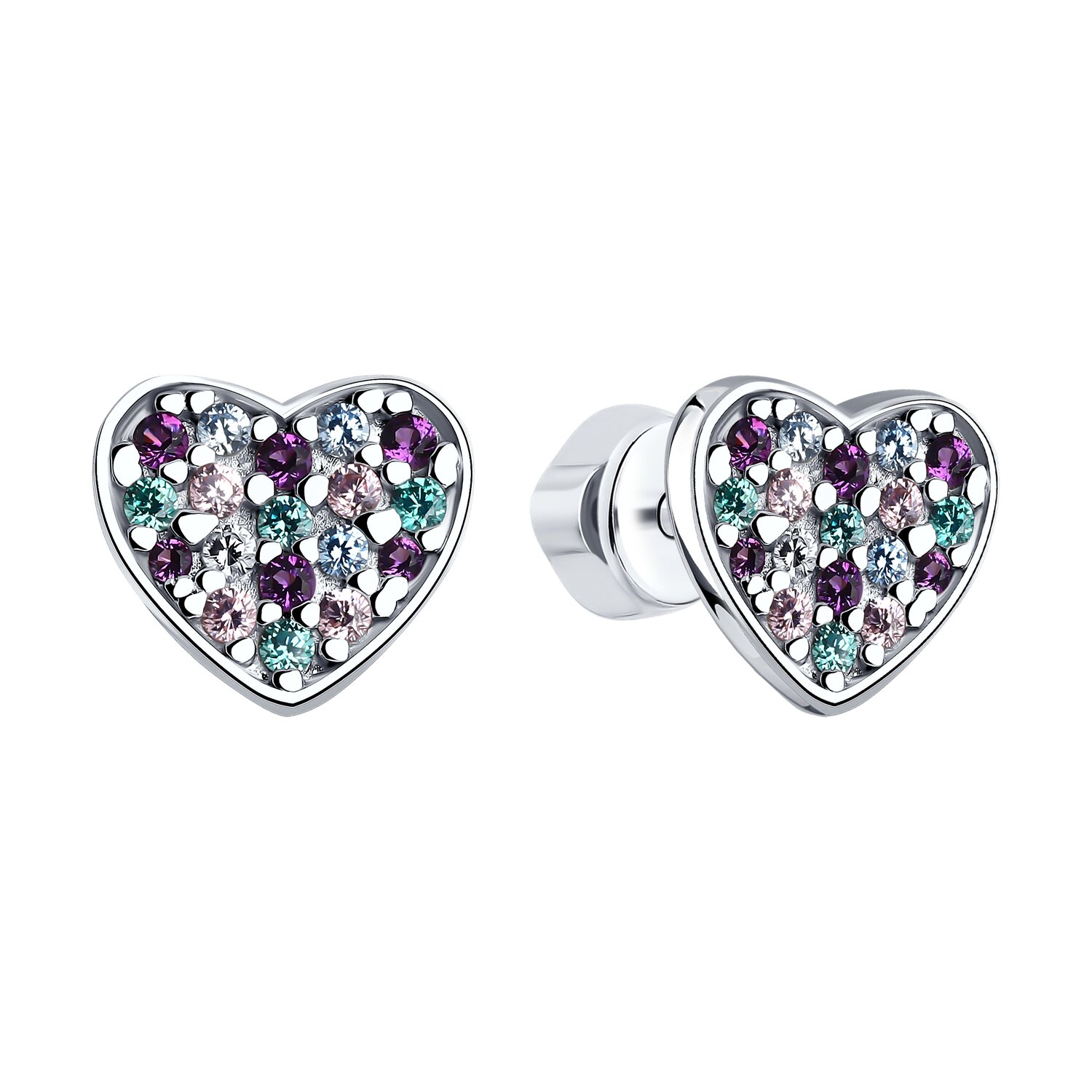 Cercei pentru copii SOKOLOV 94026057 in forma de inima, argint 925 placat cu rodiu, cu zirconiu lilac, closure tip stud