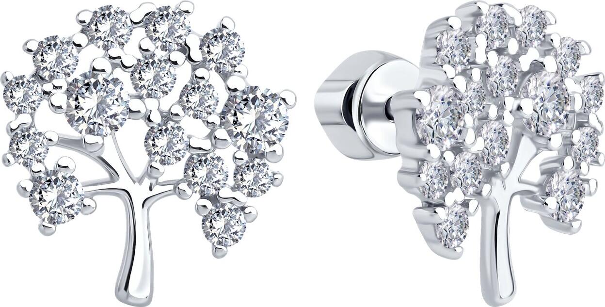 SOKOLOV 94027075 Women's Tree Shape Stud Earrings, Rhodium-plated 925 Silver with Colorless Round Cubic Zirconia, 15x14x3 mm