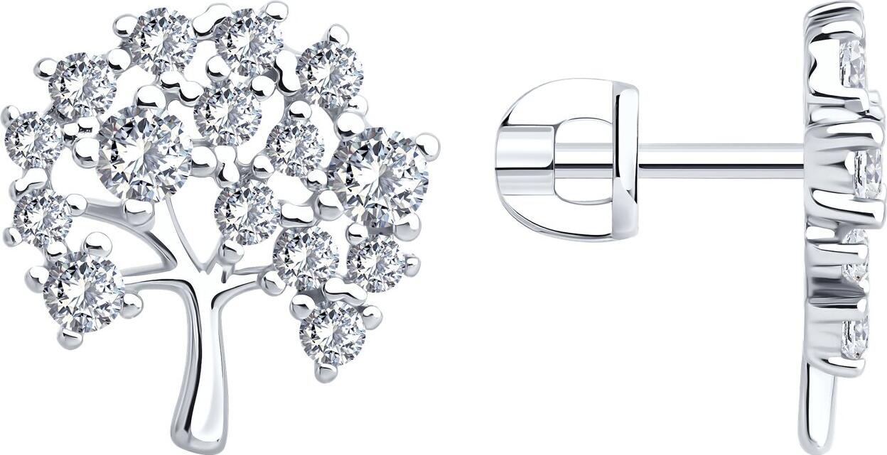 SOKOLOV 94027075 Women's Tree Shape Stud Earrings, Rhodium-plated 925 Silver with Colorless Round Cubic Zirconia, 15x14x3 mm