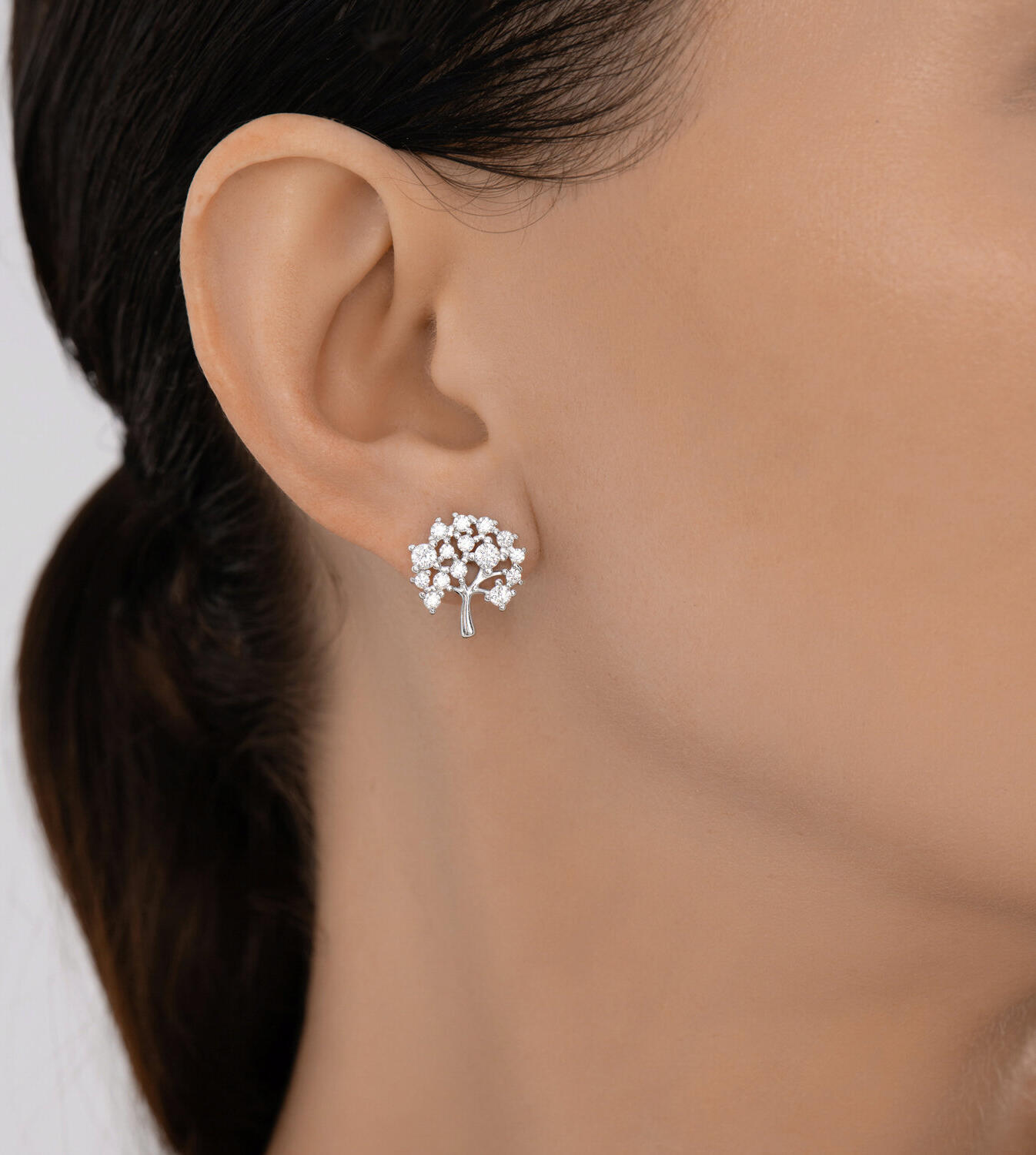 SOKOLOV 94027075 Women's Tree Shape Stud Earrings, Rhodium-plated 925 Silver with Colorless Round Cubic Zirconia, 15x14x3 mm