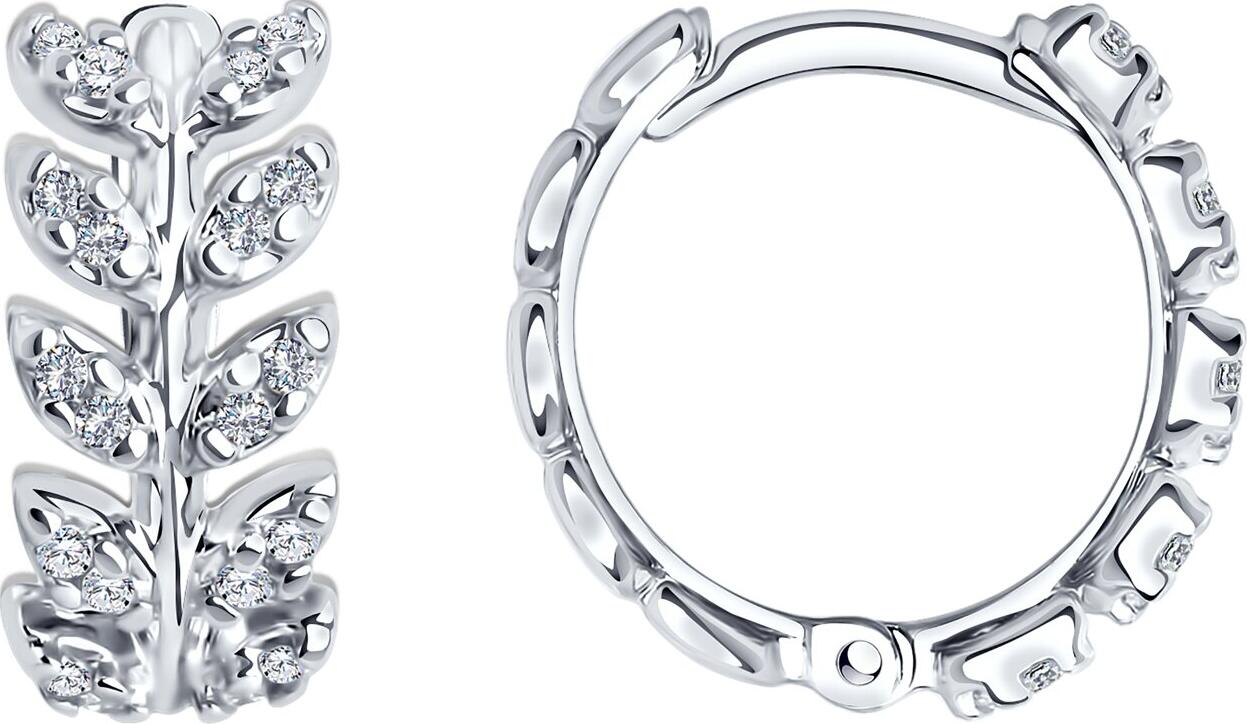 Cercei tip hoop SOKOLOV 94026740 cu motif de frunze pentru femei, argint 925 placat cu rodiu, zirconiu cubic colorless rotund, 13x6x2 mm, 0.34 ct, colecția SKLV