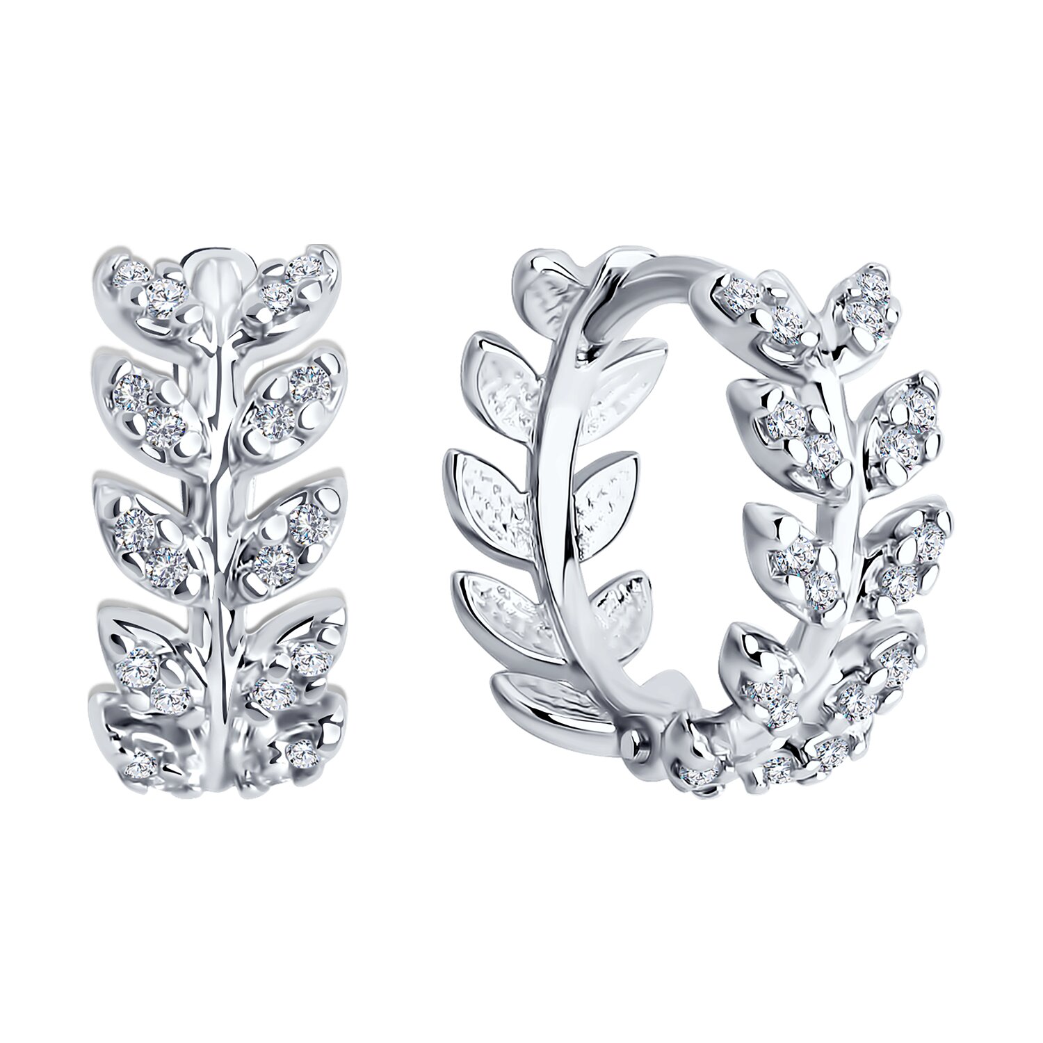 Cercei tip hoop SOKOLOV 94026740 cu motif de frunze pentru femei, argint 925 placat cu rodiu, zirconiu cubic colorless rotund, 13x6x2 mm, 0.34 ct, colecția SKLV