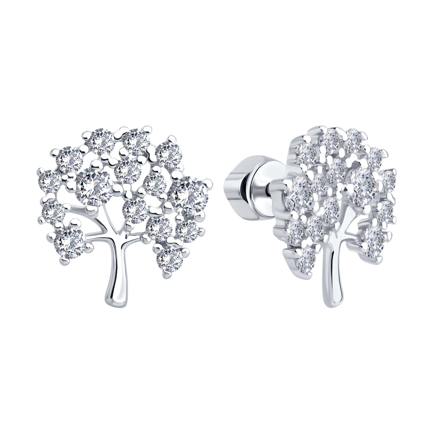 SOKOLOV 94027075 Women's Tree Shape Stud Earrings, Rhodium-plated 925 Silver with Colorless Round Cubic Zirconia, 15x14x3 mm