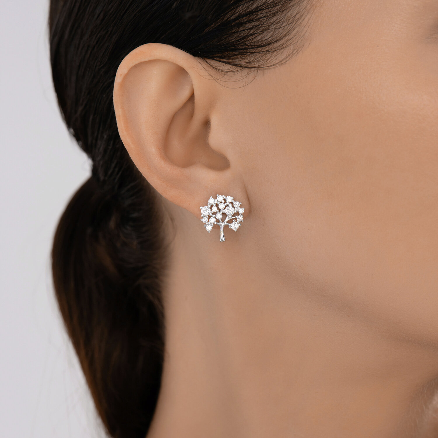 SOKOLOV 94027075 Women's Tree Shape Stud Earrings, Rhodium-plated 925 Silver with Colorless Round Cubic Zirconia, 15x14x3 mm
