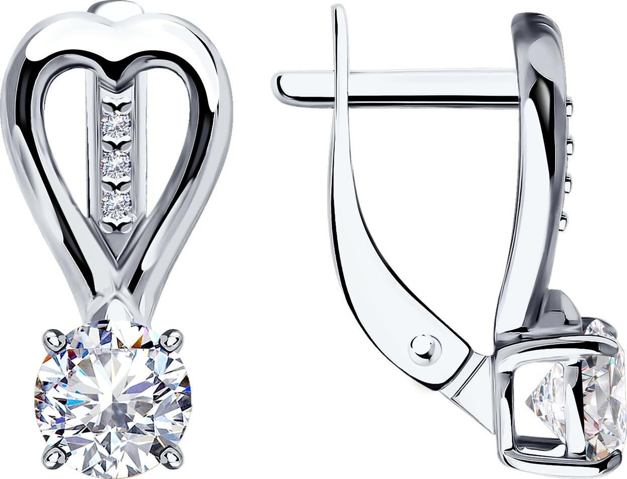 Серьги Diamant 94-120-01551-1 для женщин, серебро 925 пробы, родиевое покрытие, бесцветный кубический цирконий, английский замок, 18x8x5 мм, 3.13 г