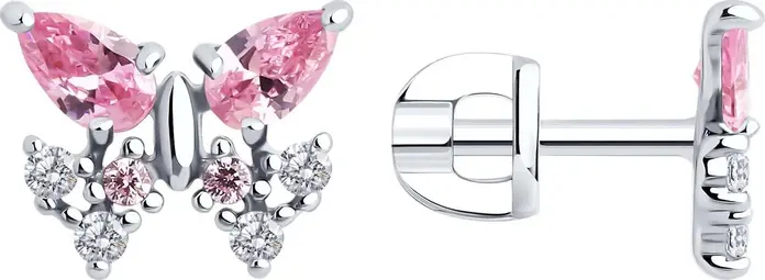 SOKOLOV 94026767 Cercei pentru femei cu formă de fluture, Argint 925 placat cu rodiu, Cubic Zirconia roz 1.5mm rotunde, 0.118 ct, Închegat tip puset