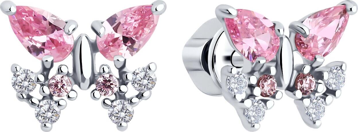 SOKOLOV 94026767 Cercei pentru femei cu formă de fluture, Argint 925 placat cu rodiu, Cubic Zirconia roz 1.5mm rotunde, 0.118 ct, Închegat tip puset