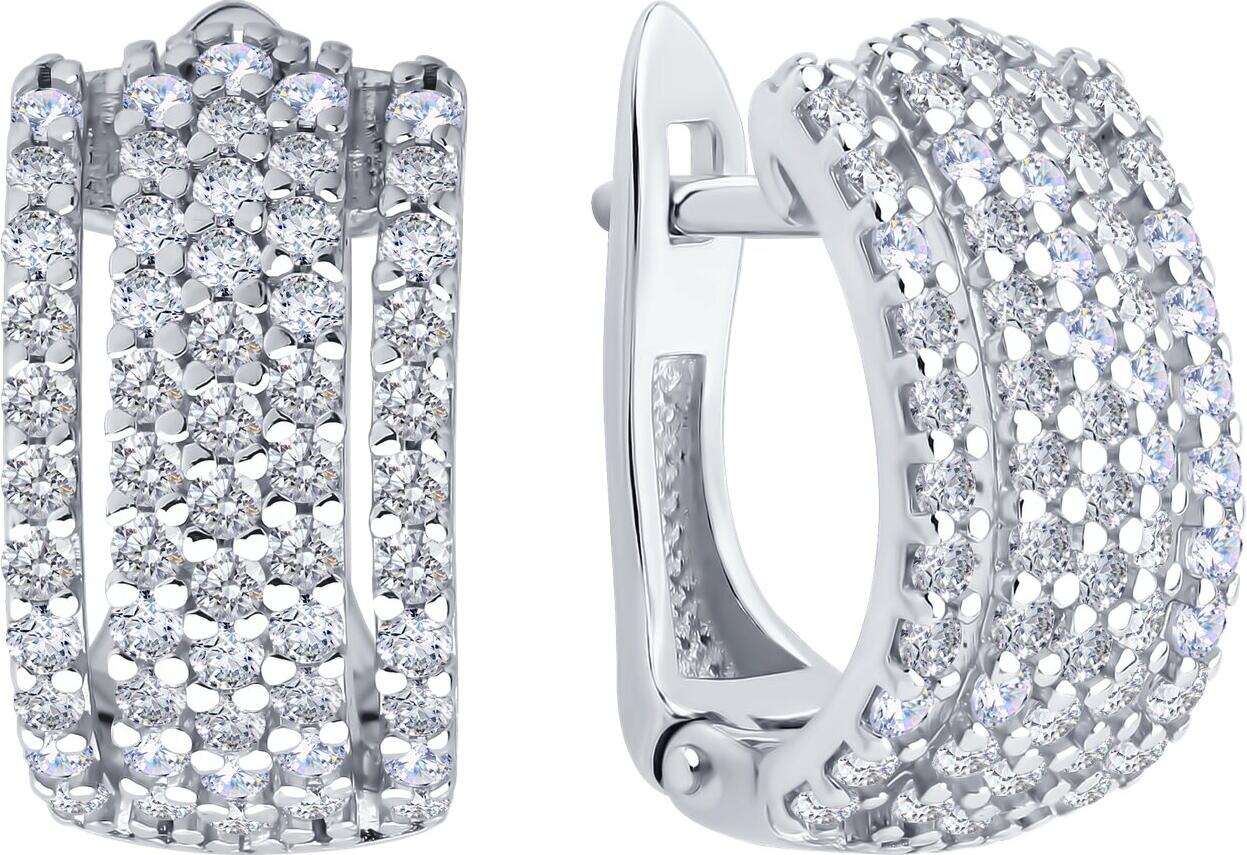 SOKOLOV 94027067 Women's Earrings, 925 Rhodium-Plated Silver, Round Colorless Cubic Zirconia, 1.848 Carats, 112 Stones, English Lock, 16x8x2 mm