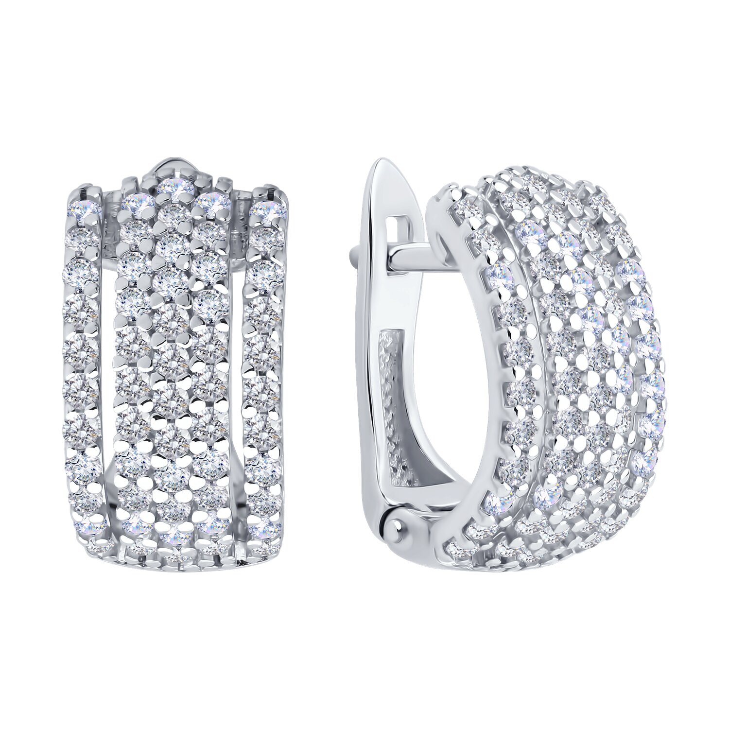 SOKOLOV 94027067 Women's Earrings, 925 Rhodium-Plated Silver, Round Colorless Cubic Zirconia, 1.848 Carats, 112 Stones, English Lock, 16x8x2 mm