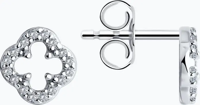 Diamant 94-122-01989-1 Present Collection Clover-like Openwork Stud Earrings, 925 Sterling Silver Rhodium Plated, Colorless Round Cubic Zirconia, 8x8x2 mm