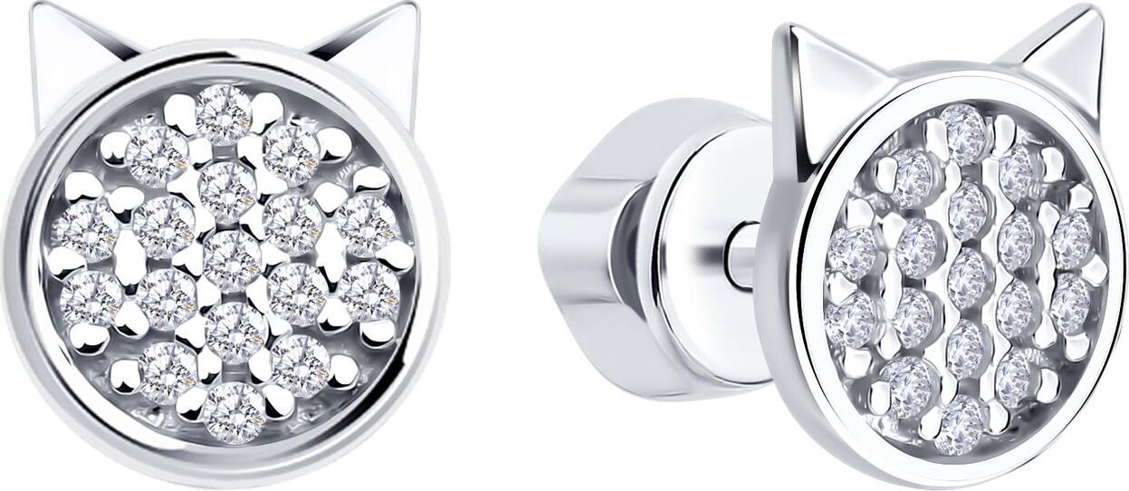 Серьги-гвоздики Diamant 94-122-02252-1 для женщин, форма головы кошки, стерлинговое серебро 925 с родиевым покрытием, кластер из круглых фианитов, 8x7x1 мм