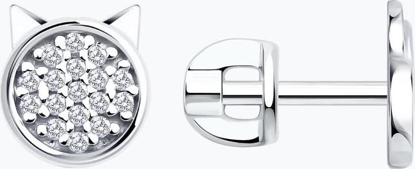 Серьги-гвоздики Diamant 94-122-02252-1 для женщин, форма головы кошки, стерлинговое серебро 925 с родиевым покрытием, кластер из круглых фианитов, 8x7x1 мм