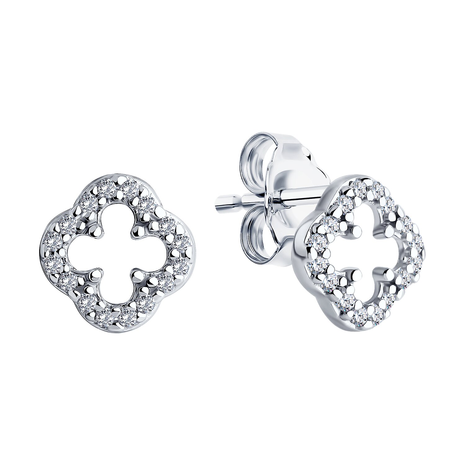 Diamant 94-122-01989-1 Present Collection Clover-like Openwork Stud Earrings, 925 Sterling Silver Rhodium Plated, Colorless Round Cubic Zirconia, 8x8x2 mm