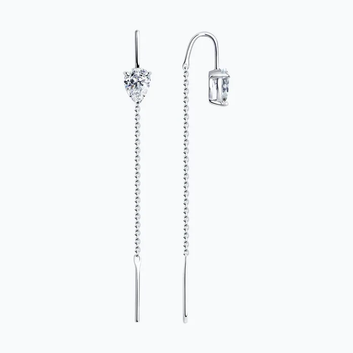 Diamant 94-123-01501-1 Cercei tip threader pentru femei cu Zirconiu Cubic formă de pară, Argint 925 Sterling placat cu Rodiu, 2.168 carati, 7x5 mm, 57 mm
