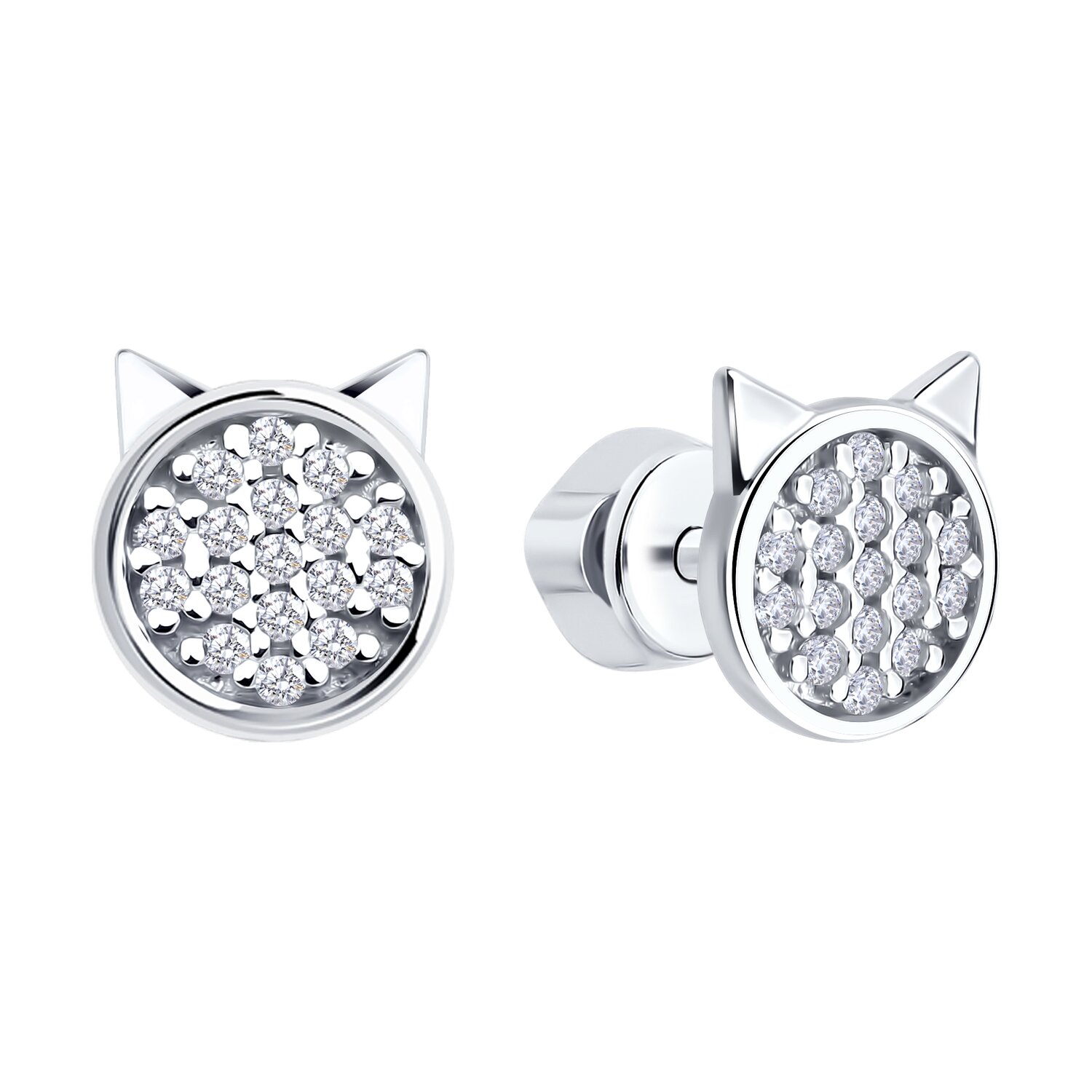 Серьги-гвоздики Diamant 94-122-02252-1 для женщин, форма головы кошки, стерлинговое серебро 925 с родиевым покрытием, кластер из круглых фианитов, 8x7x1 мм