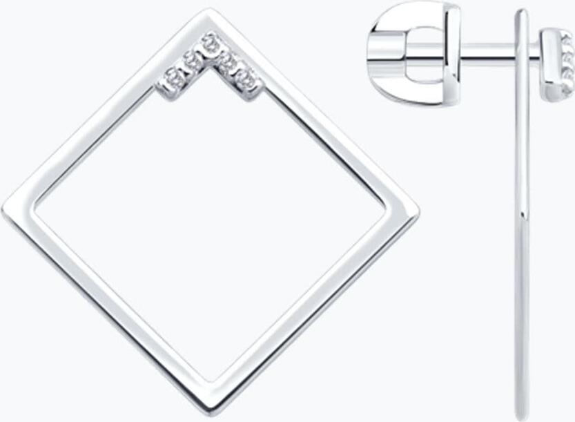 Серьги Diamant 94-122-02380-1 коллекция Sokolov для женщин, серебро 925 с родиевым покрытием, с круглым бесцветным кубическим цирконием, квадратная открытая форма, 22мм