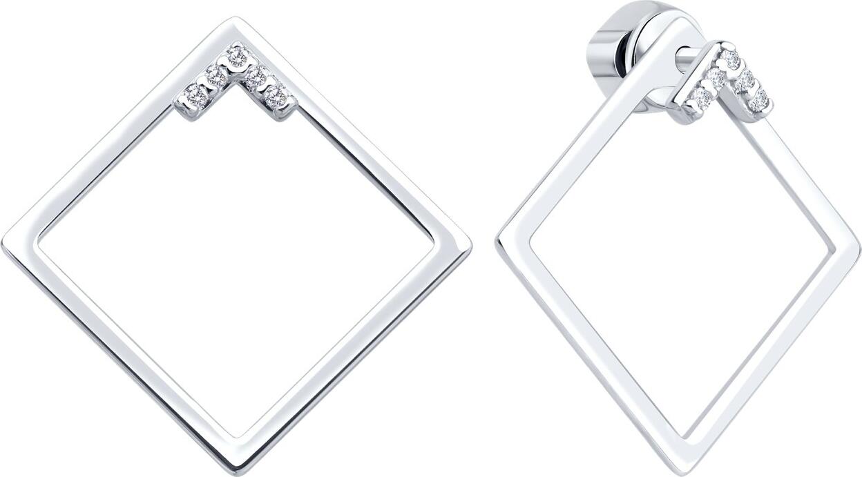 Серьги Diamant 94-122-02380-1 коллекция Sokolov для женщин, серебро 925 с родиевым покрытием, с круглым бесцветным кубическим цирконием, квадратная открытая форма, 22мм