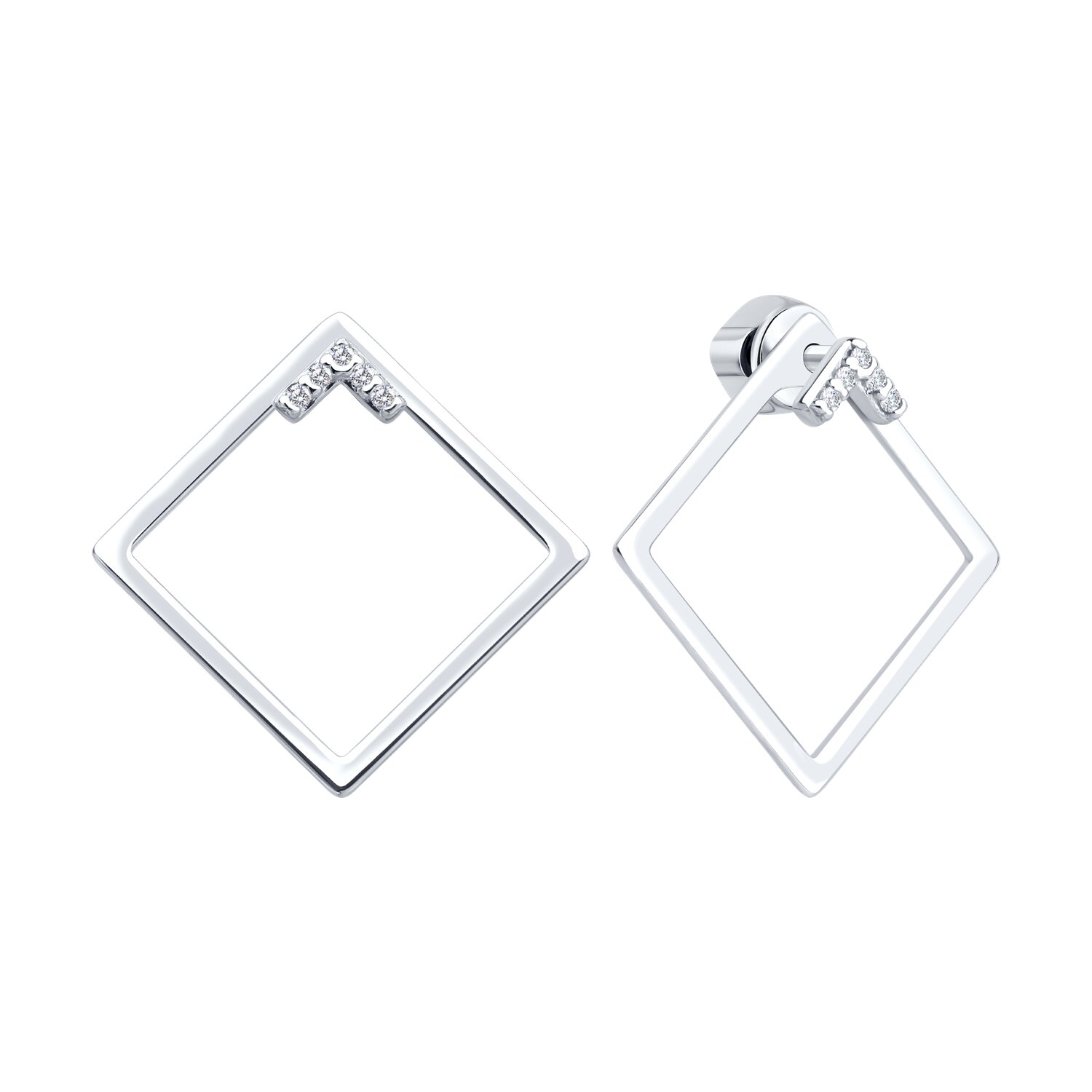 Серьги Diamant 94-122-02380-1 коллекция Sokolov для женщин, серебро 925 с родиевым покрытием, с круглым бесцветным кубическим цирконием, квадратная открытая форма, 22мм