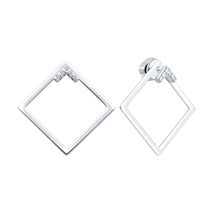 Серьги Diamant 94-122-02380-1 коллекция Sokolov для женщин, серебро 925 с родиевым покрытием, с круглым бесцветным кубическим цирконием, квадратная открытая форма, 22мм