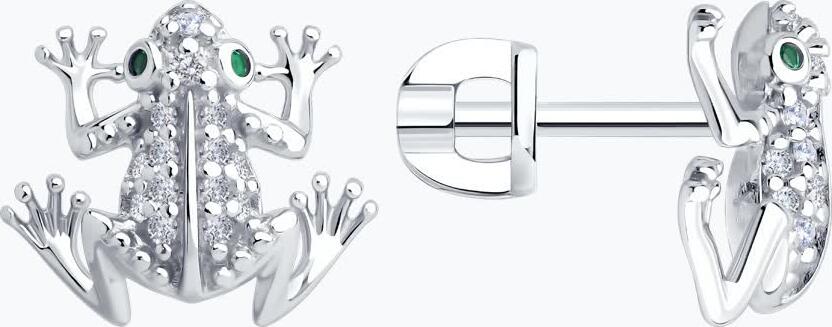 SOKOLOV 94027043 Women's Frog-Shaped Stud Earrings, Rhodium-Plated 925 Sterling Silver, Green Cubic Zirconia, 0.018 ct