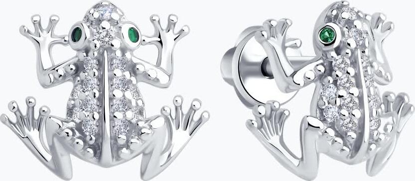 SOKOLOV 94027043 Women's Frog-Shaped Stud Earrings, Rhodium-Plated 925 Sterling Silver, Green Cubic Zirconia, 0.018 ct