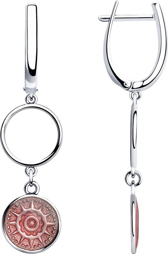 SOKOLOV 94023558 Women's Silver 925 Drop Earrings with Circular Enamel Pendant and Open Ring Element, English Clasp, 46x12x2 mm