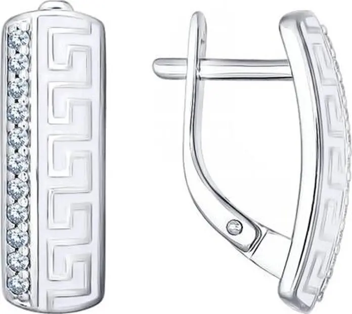 Sokolov 94021532 Women's Earrings, 925 Sterling Silver with Rhodium Coating, Cubic Zirconia and Enamel, Ancient Greek Meander Style, English Clasp