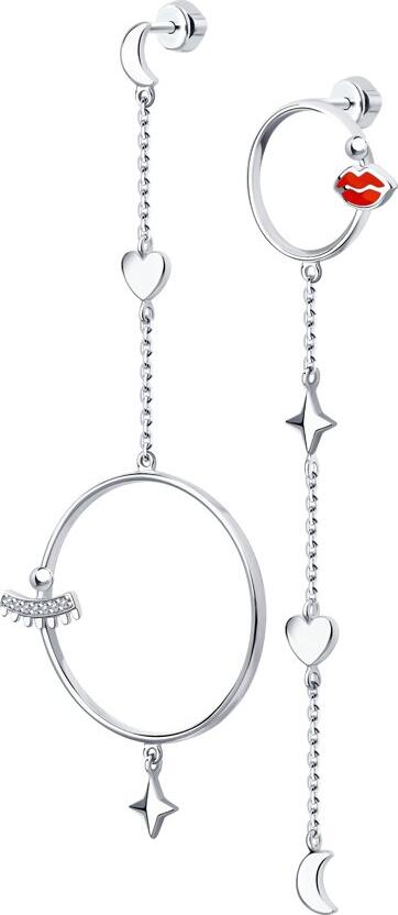 Cercei Asimetrici SKLV 94024102 pentru femei, Argint 925 placat cu Rodiu, Cubic Zirconia și Email Roșu, Elemente Inimă Stea Lună, 88x34x3 mm