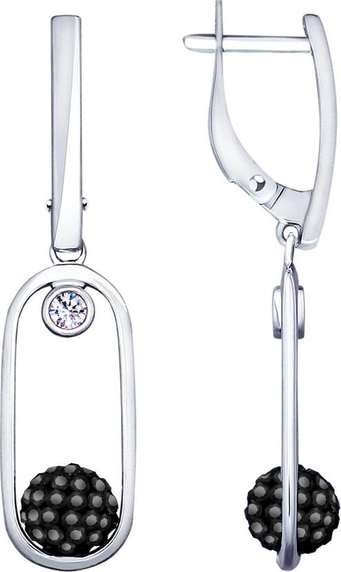 SOKOLOV 94023184 Women's 925 Sterling Silver Earrings with Pendant, Rhodium Plated, Black Swarovski Crystals and Cubic Zirconia, Pave Ball, English Lock