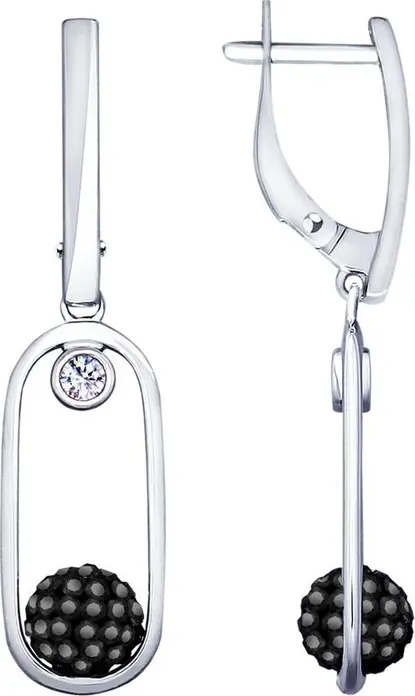 SOKOLOV 94023184 Women's 925 Sterling Silver Earrings with Pendant, Rhodium Plated, Black Swarovski Crystals and Cubic Zirconia, Pave Ball, English Lock