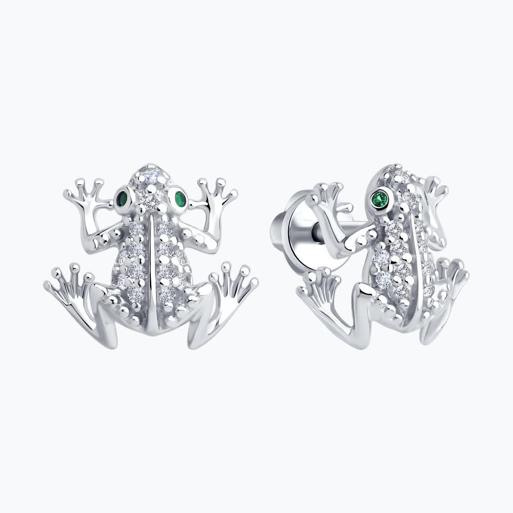 SOKOLOV 94027043 Women's Frog-Shaped Stud Earrings, Rhodium-Plated 925 Sterling Silver, Green Cubic Zirconia, 0.018 ct
