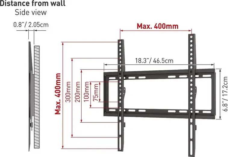 Suport TV de Perete Fix Barkan E307 pentru ecrane 13-65 inch, VESA pana la 400x400mm, Capacitate Maxima 50kg, Profil Slim 20mm, Negru