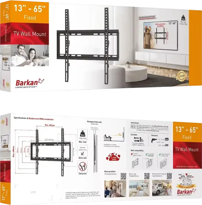 Suport TV de Perete Fix Barkan E307 pentru ecrane 13-65 inch, VESA pana la 400x400mm, Capacitate Maxima 50kg, Profil Slim 20mm, Negru