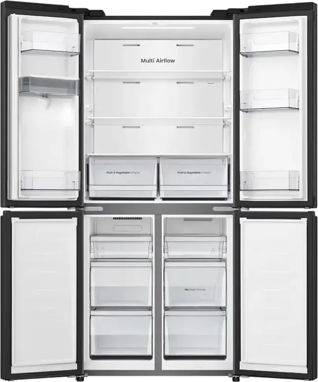 Frigider Hisense RQ5P470SMFE Cross Door, Capacitate Netă 482L, Total No Frost, Dual-Tech Cooling, Dispenser Apă, Negru, Control Wi-Fi ConnectLife