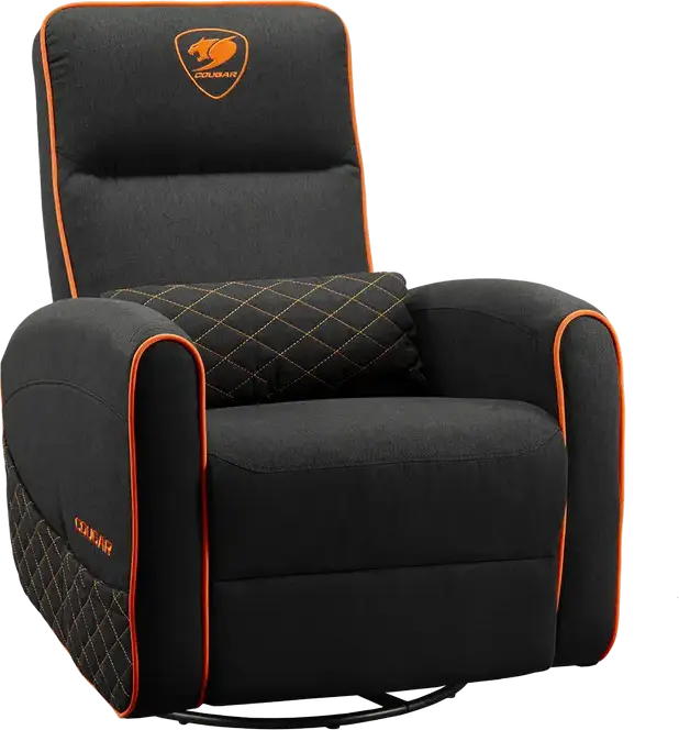 Sofa Gaming Cougar FIDOM cu reclinare, rotire și balansare, Negru | Portocaliu, Sistem Trimotion, Inimitație In respiratorie, Suport 150kg, 750x940x1030mm