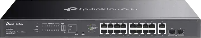 TP-Link Omada ES220GMP Easy Managed PoE+ Switch, 16-Port Gigabit PoE+, 2-Port Gigabit RJ45 Uplink, 2-Port SFP, 250W Power Budget, 250m Long Range, Rackmount