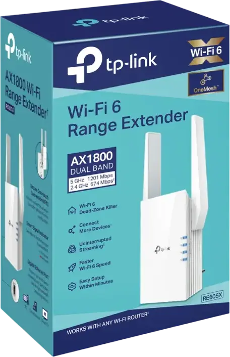 Extensor de Semnal Wi-Fi 6 TP-Link RE605X AX1800, Dual-Band 1201 Mbps (5GHz) + 574 Mbps (2.4GHz), Port Gigabit Ethernet, OneMesh/EasyMesh, Alb