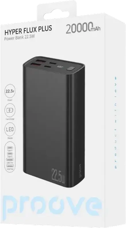 Proove Hyper Flux Plus 20000mAh Power Bank, Black, 22.5W Fast Charging, PD AFC FCP SCP QC 3.0, LED Digital Display, ABS+PC Gradient Finish, USB-C & USB-A Ports