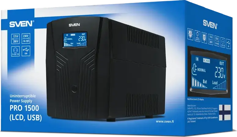 SVEN Pro Line Interactive UPS, 1500 VA, AVR, Sinusoidal Output, LCD Display, USB & RJ-45 Protection, 3 EU Sockets, Tower Form Factor