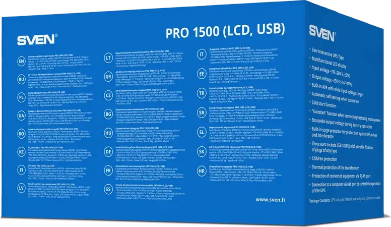 SVEN Pro Line Interactive UPS, 1500 VA, AVR, Sinusoidal Output, LCD Display, USB & RJ-45 Protection, 3 EU Sockets, Tower Form Factor