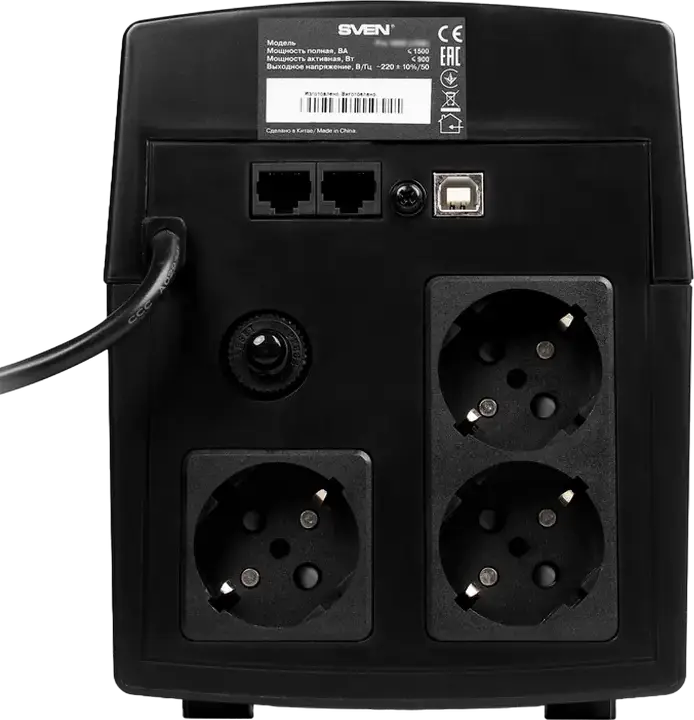 SVEN Pro Line Interactive UPS, 1500 VA, AVR, Sinusoidal Output, LCD Display, USB & RJ-45 Protection, 3 EU Sockets, Tower Form Factor