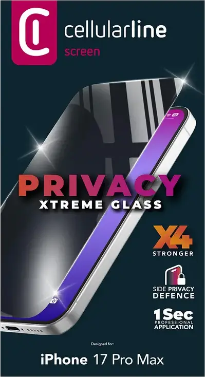 Cellularline Privacy Xtreme Tempered Glass Screen Protector for Apple iPhone 17 Pro Max, 9H Hardness, Ion Exchange Technology, 2D Black