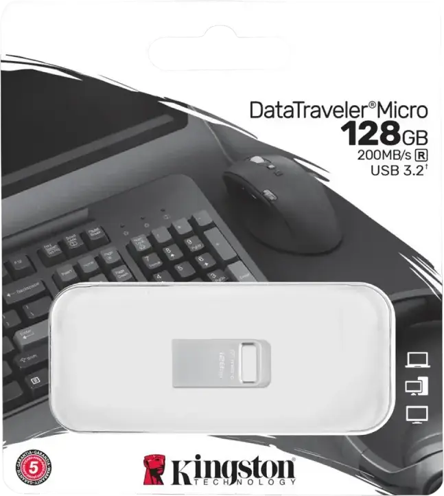 Kingston DataTraveler Micro USB 3.2 Gen 1 Flash Drive, 128 GB, Type-A, Up to 200MB/s, Low-Profile Ultra-Small Lightweight Metal Casing, Capless with Key Loop, Silver