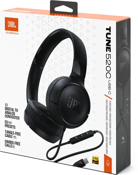 JBL Tune 520C USB-C Wired On-Ear Headphones, Black, 32mm Dynamic Drivers, JBL Pure Bass Sound, High-Resolution Audio, Foldable Design, Integrated Mic, 120cm Cable