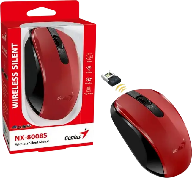Mouse Wireless Silent Genius NX-8008S, Roșu, Senzor BlueEye 1200 DPI, Receptor USB-A Pico 2.4GHz, Design Ambidextru Conturat, Plug and Play