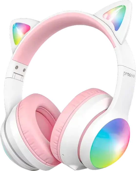 Proove Kids LumiCat Wireless Over-Ear Headphones, White | Pink, Bluetooth 6.0, 40mm Drivers, Kids Safe Volume (75/85/95dB), 100h Battery, Game Mode, USB-C, AUX