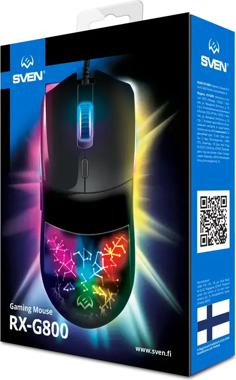 SVEN RX-G800 Wired Gaming Mouse, Optical Sensor 200-7200 DPI, 6 Programmable Buttons with Macros, RGB Backlight, Braided Cable, Windows Compatible